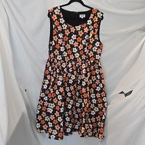Tulip Floral Midi Sleeveless Black Orange Retro Boho Cottagecore Dress Sz L NWT